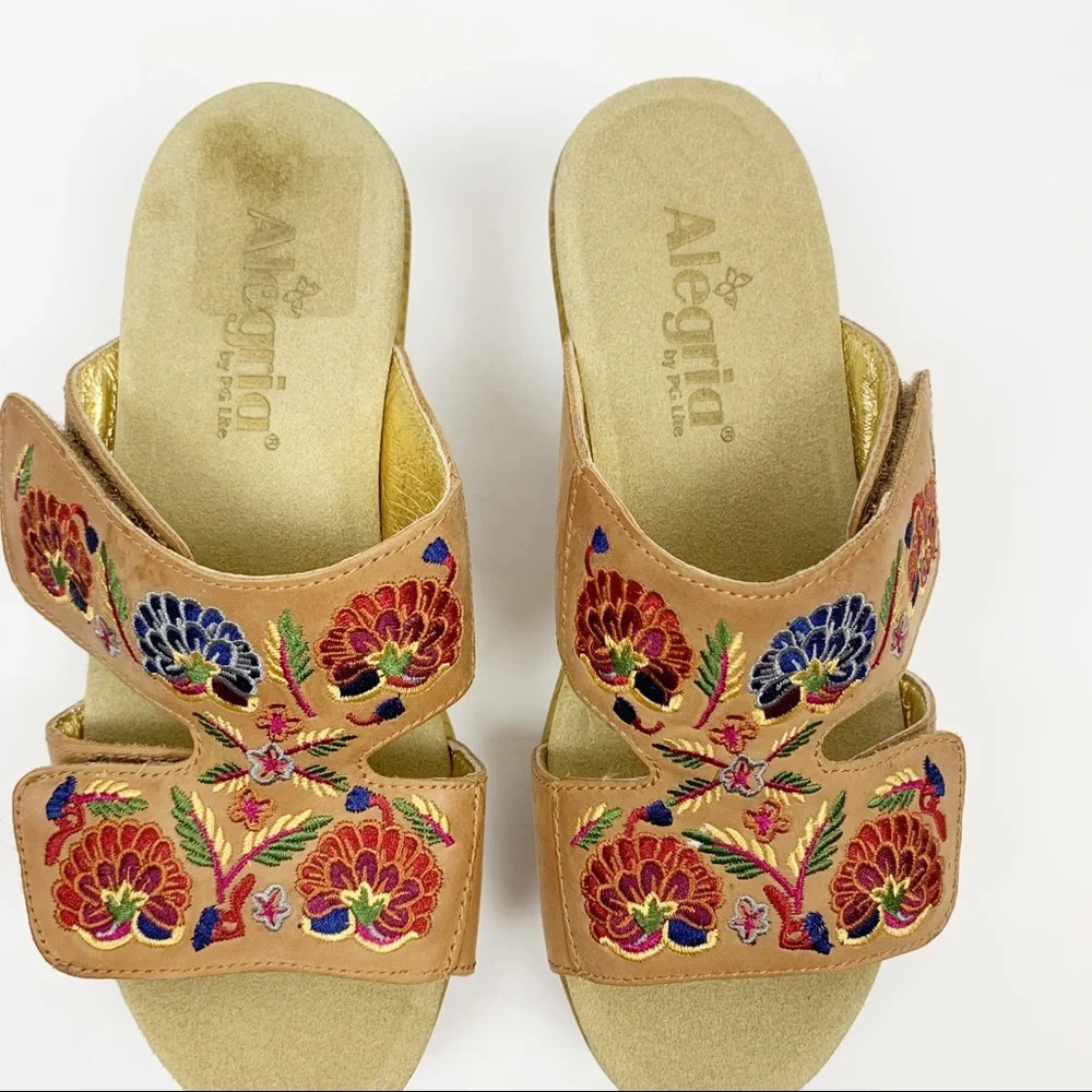 Alegria Linn Clog Floral Embroidered Tan Leather Wedge Sandals